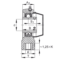 吊裝式軸承座單元 RHEY40-TV-VA, 塑料軸承座，內(nèi)圈帶平頭螺釘?shù)耐馇蛎媲蜉S承，耐腐蝕設(shè)計(jì)，R 型密封