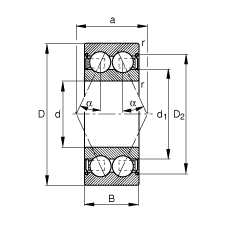 角接觸球軸承 3000-B-2Z-TVH, 雙列，雙側間隙密封，接觸角 α = 25°